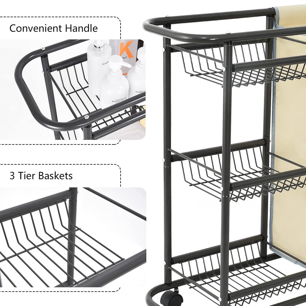 Laundry Sorter Cart Movable Bathroom Organizer Gray Laundry Storage Baskets With