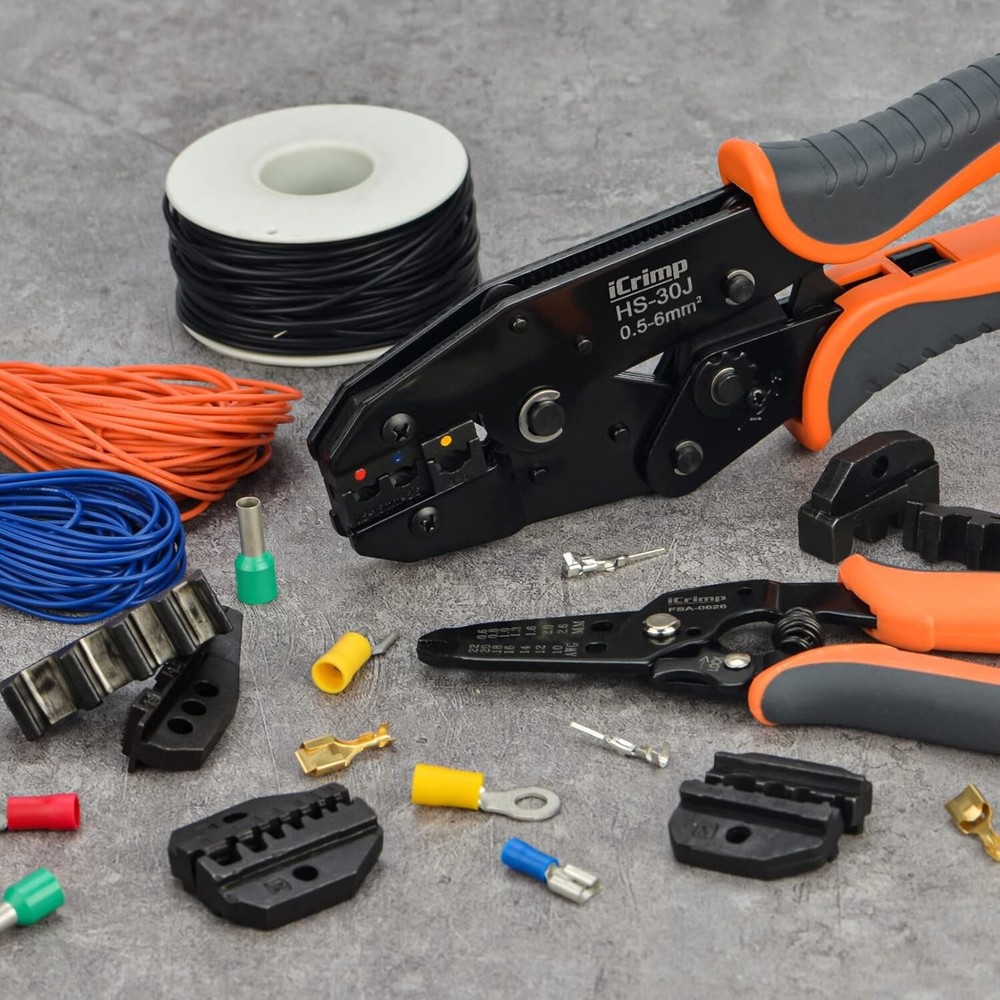 Ergonomic iCrimp Ratchet Crimper Set with 5 Interchangeable Jaws & Wire Stripper