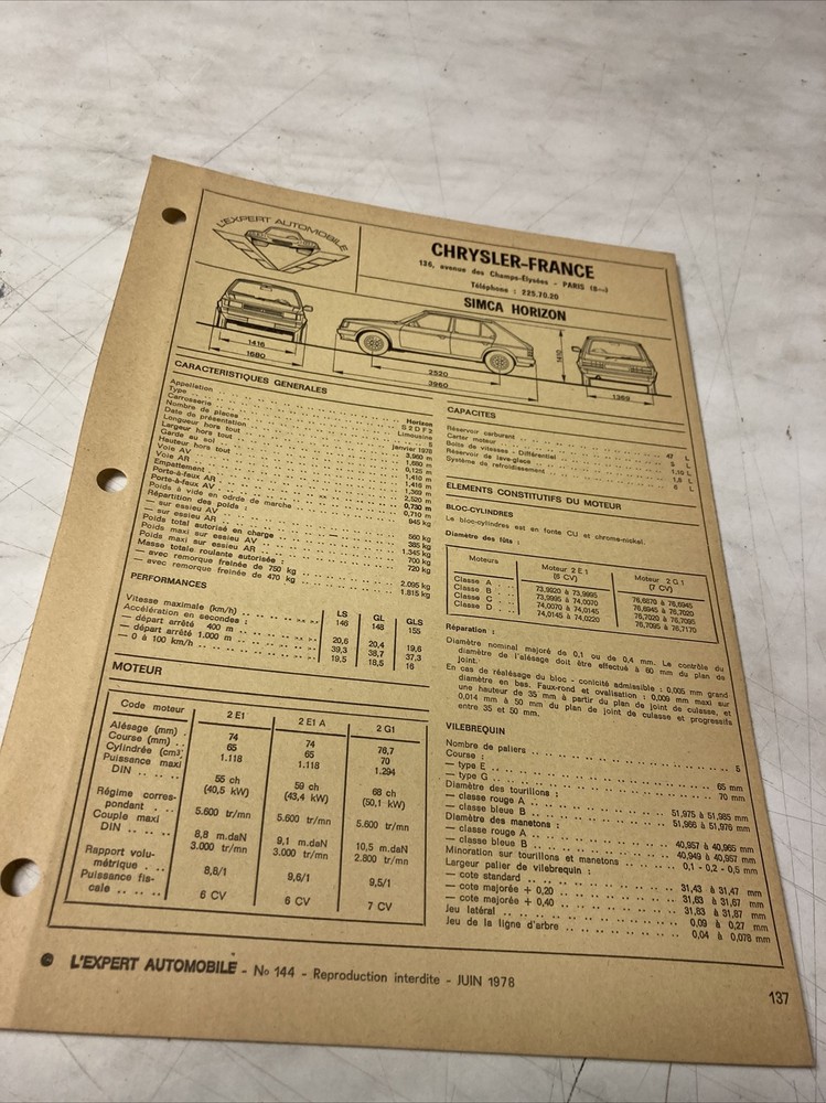 Automobile Technical Sheet Simca Horizon 6 And 7 HP Edition 1978