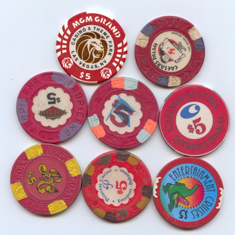 Eight Diff. $5 Casino Tokens (#7966)
