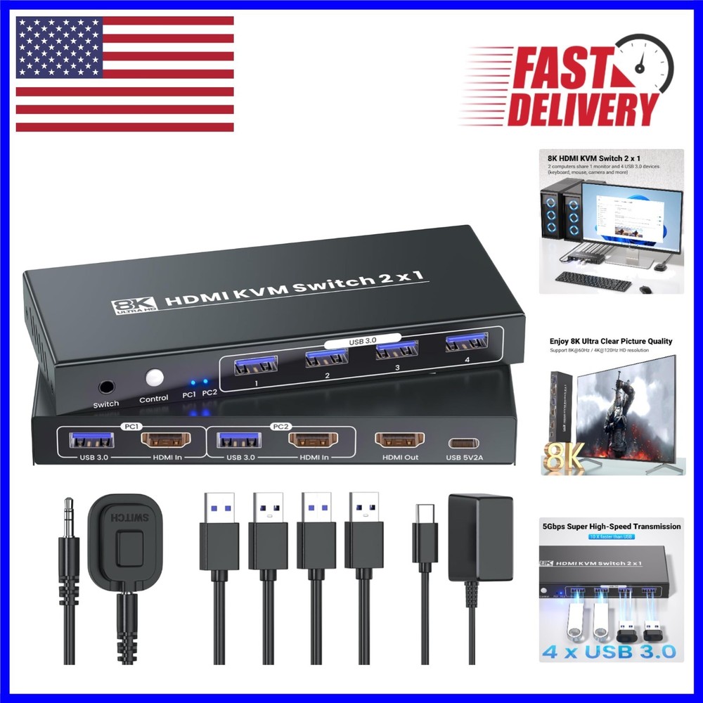 Durable HDMI KVM Switch for 2 Computers - 8K60Hz Resolution with USB 3.0
