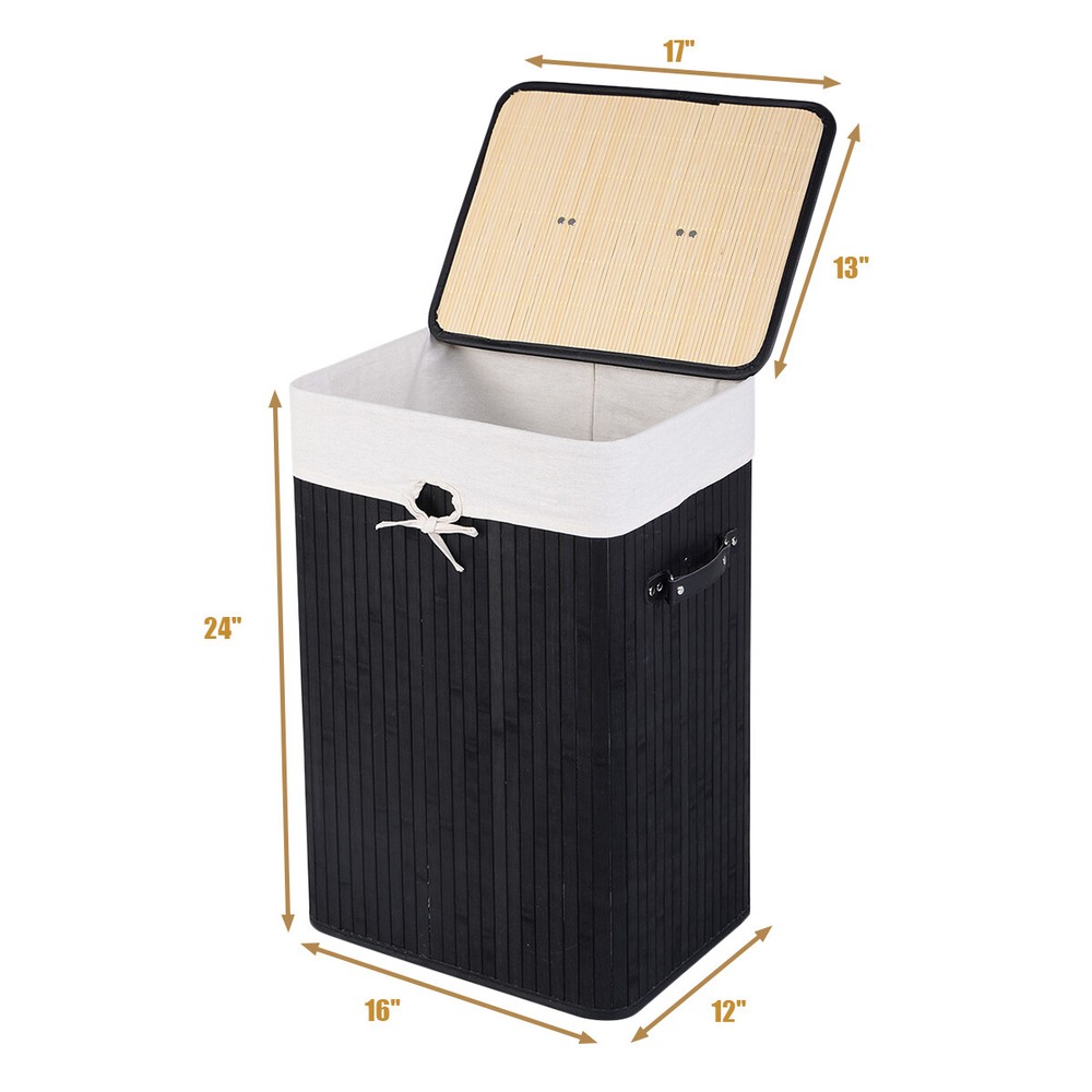Costway Rectangle Bamboo Hamper Laundry Basket Washing Cloth Bin Lid Black