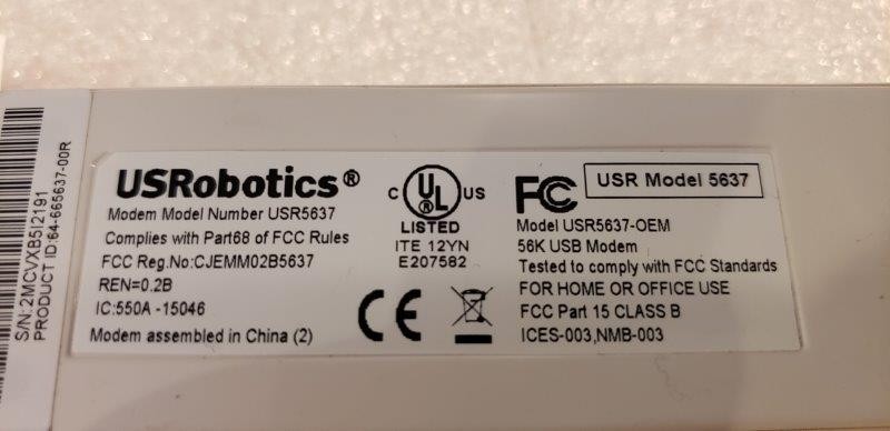 US Robotics 56K 5637 USR5637 V.92 USB Modem - Excellent Condition