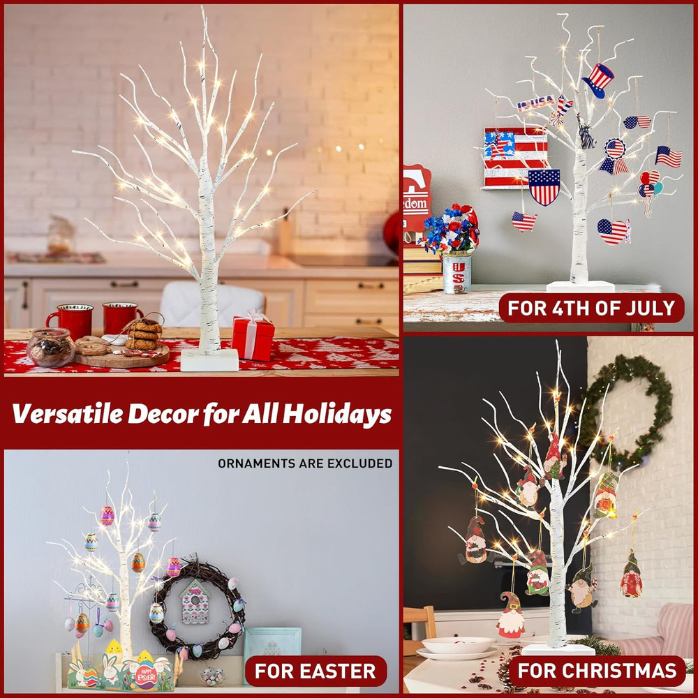 Artificial Tree for Easter Decorations, 2 FT Birch Tree with LED Lights, Warm Wh