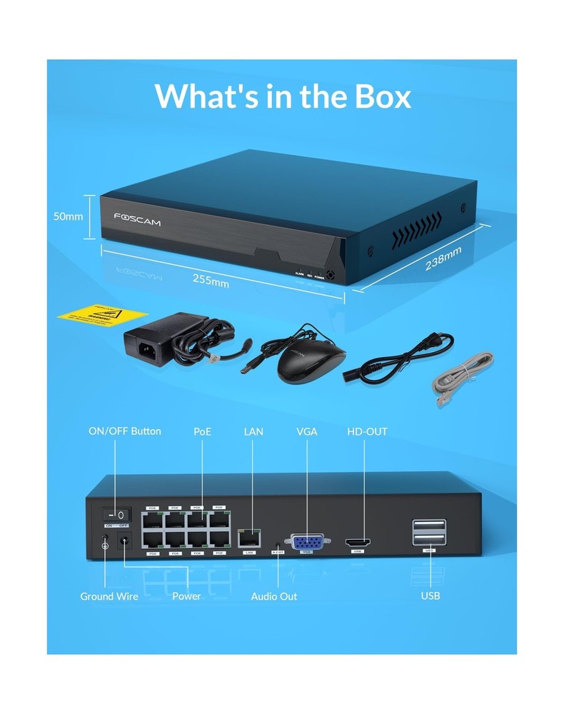 FOSCAM 3K 5MP 8CH PoE Network Video Recorder for Home Security Camera System,...
