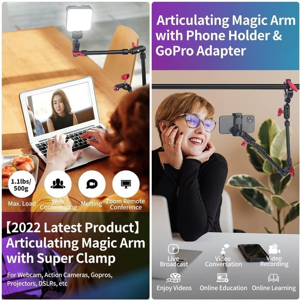 Lightweight 22" Camera Mounting Arm with 360-Degree Adjustable Clamp & Holders