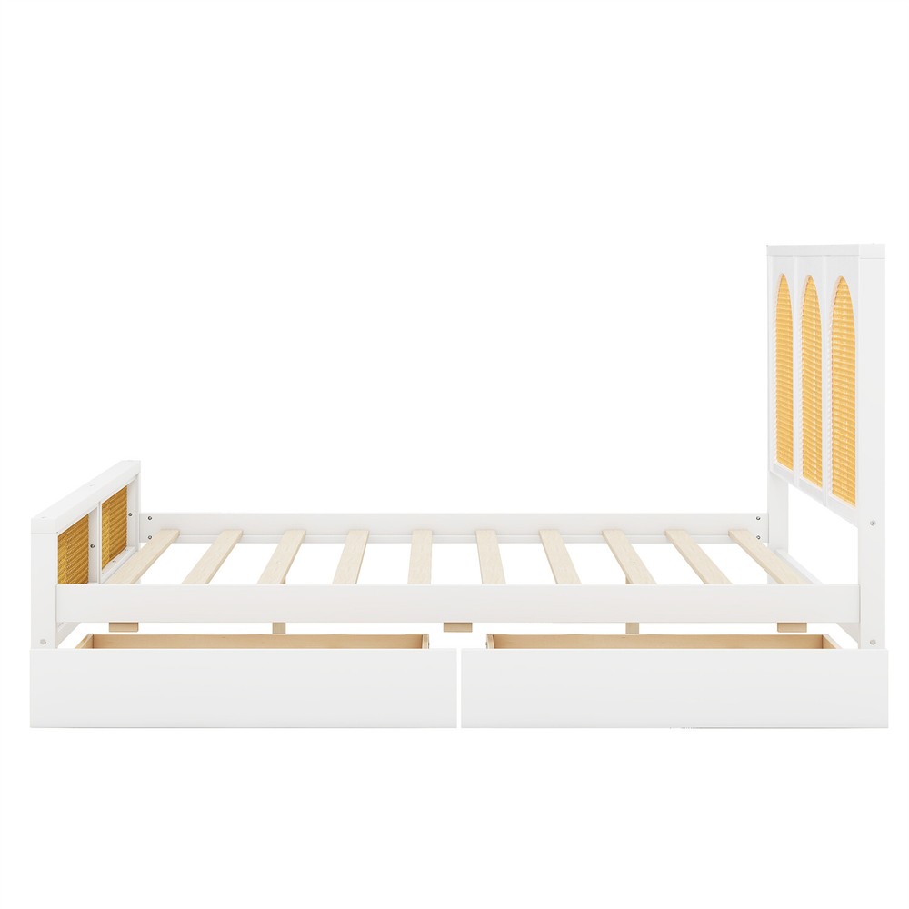 Full Size Bed Frame Wood Platform Bed Frame with Headboard & 2 Drawers White