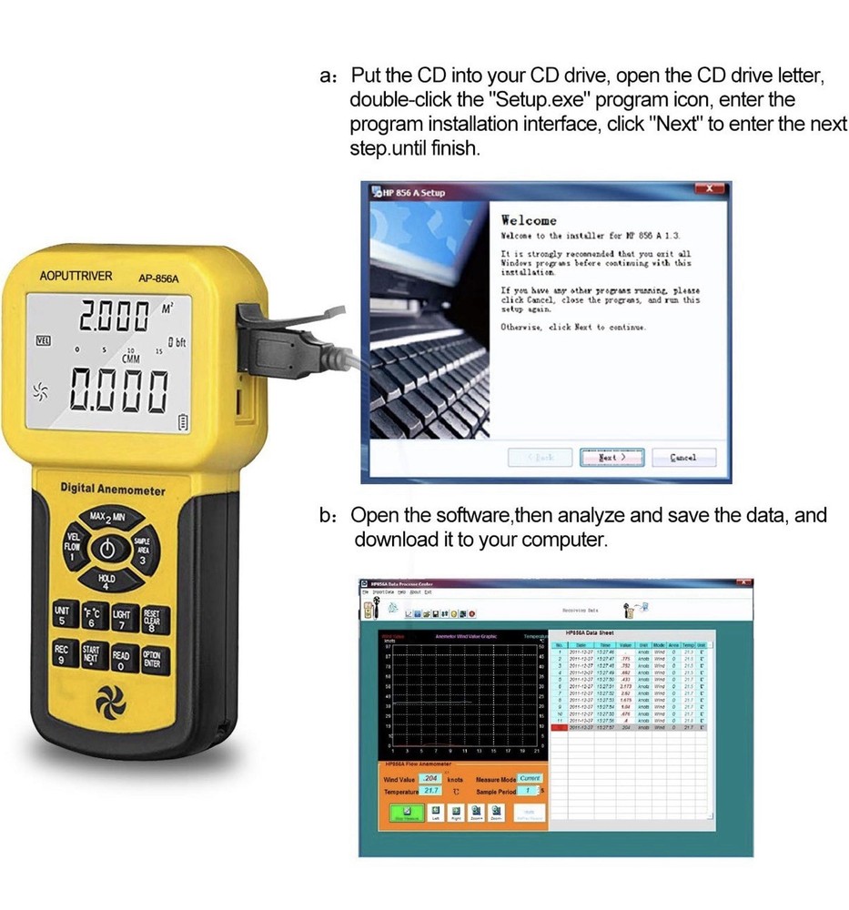 Pro HVAC Anemometer CFM Wind Speed Meter AP-856A USB Data Export