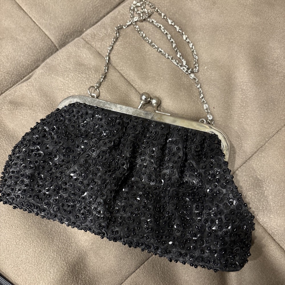 Black Beaded Clutch Vintage Chain Link Evening Purse