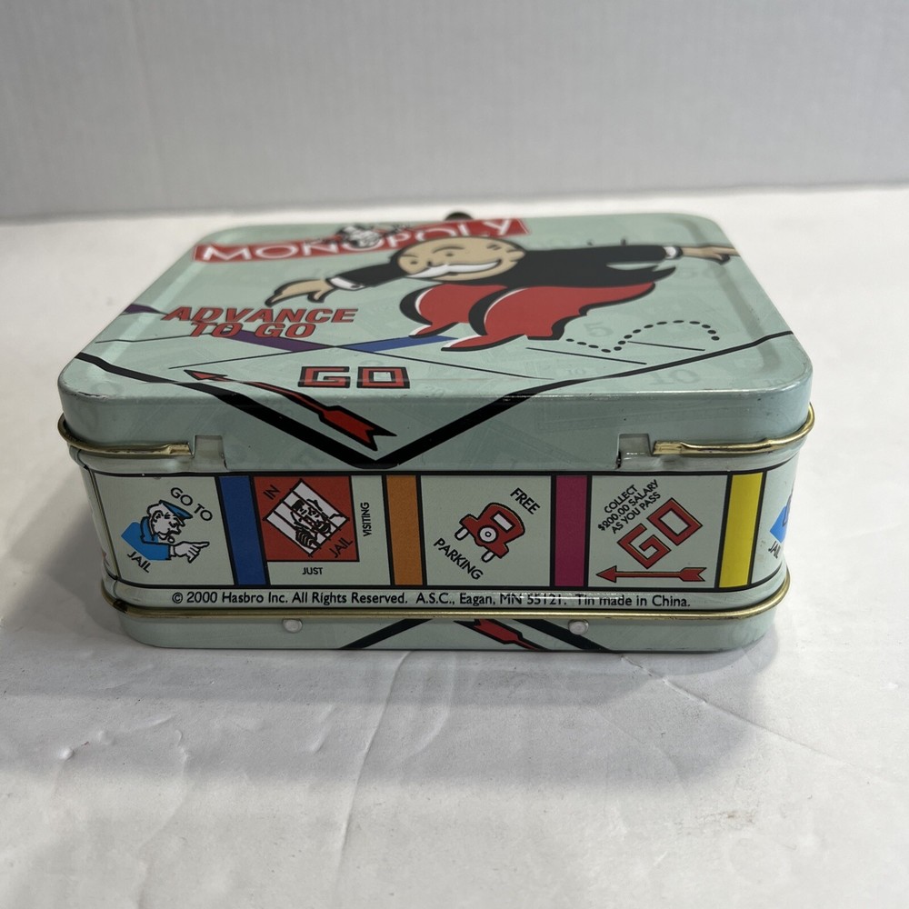 2000 HASBRO MINI MONOPOLY "ADVANCE TO GO" TIN CARRYING CASE