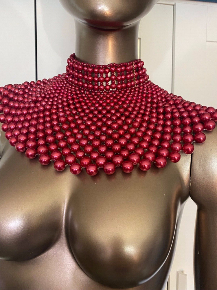vintage red beaded large layered necklace