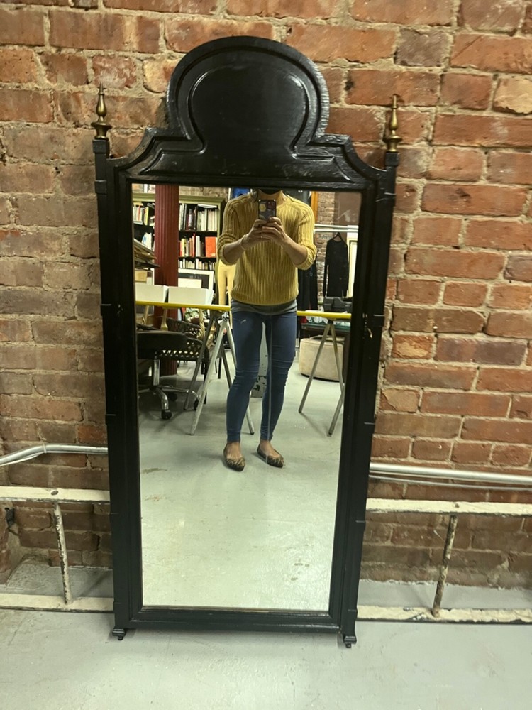 Rectangular Antique Wood Framed Wall Mirror with Brass accent