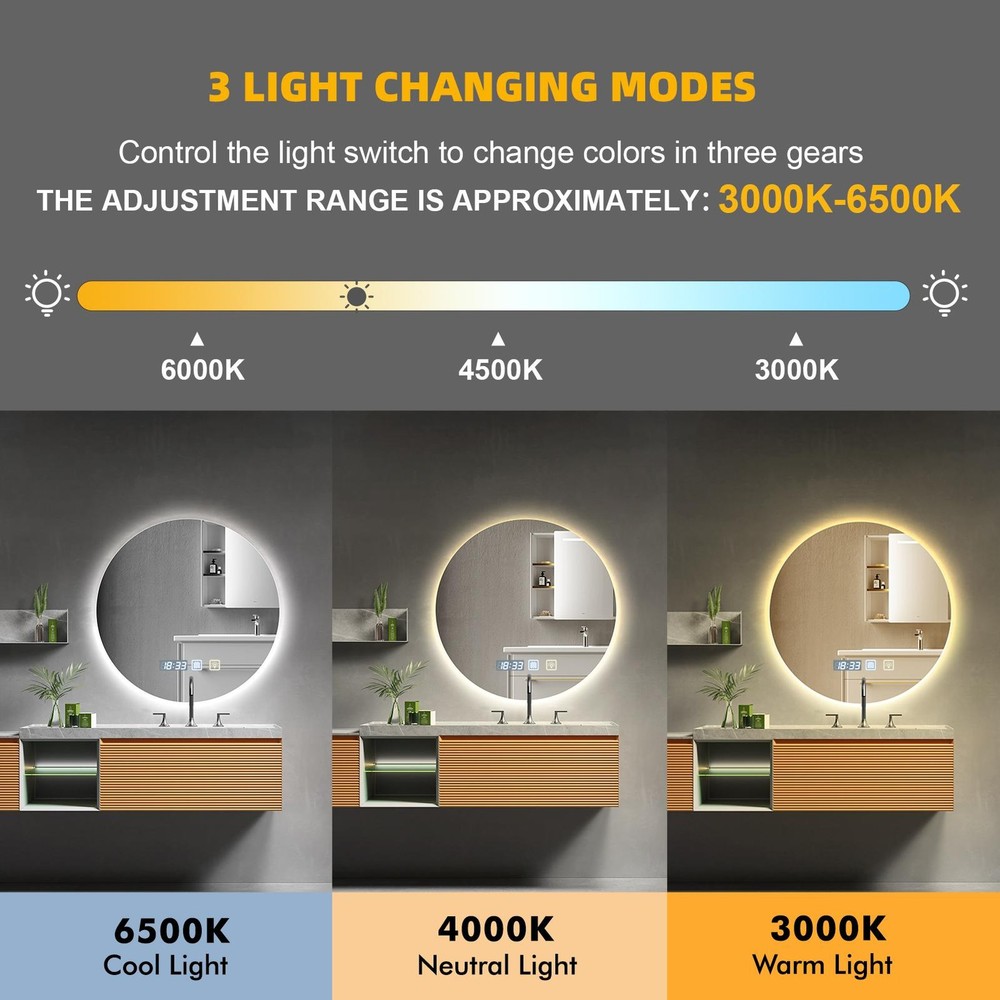 3 Color LED Lighted Bathroom Mirror,Smart Memory Function,Anti-Fog Vanity Mirror