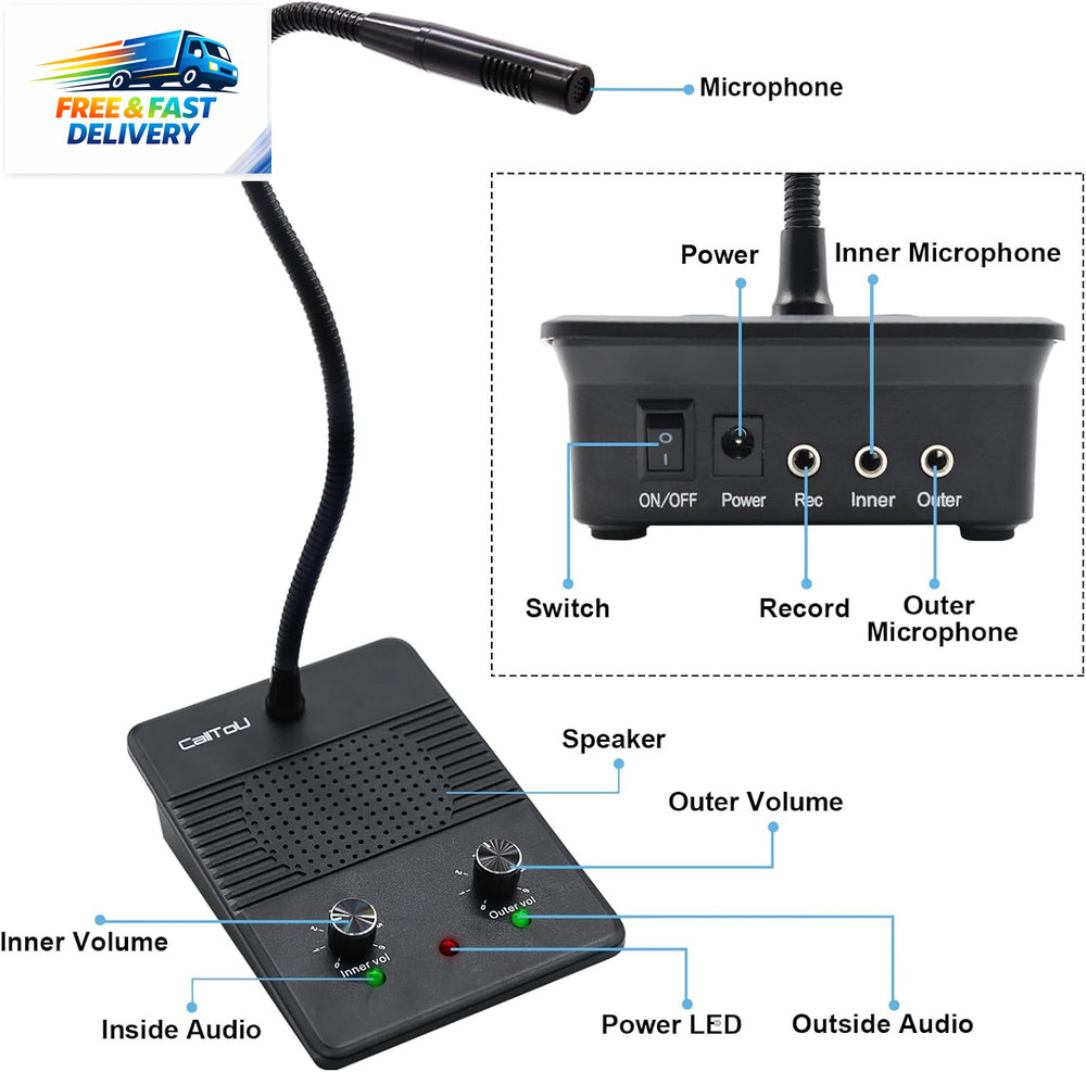 Window Speaker Intercom System,Dual Way Anti-Interference Intercommunication Mic