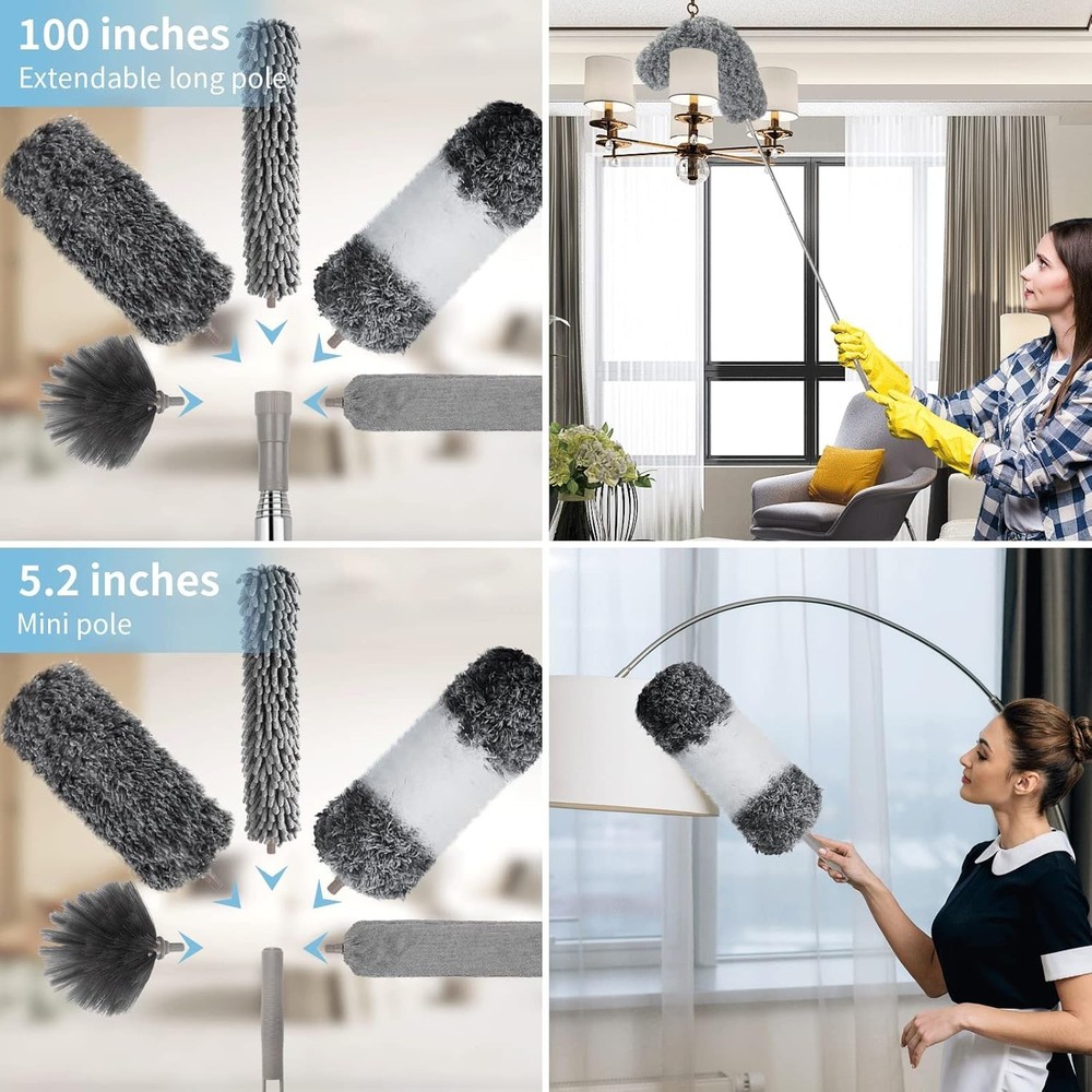 Microfiber Feather Duster W/ Extension Pole 30 to 100 inches Reusable,Bendable