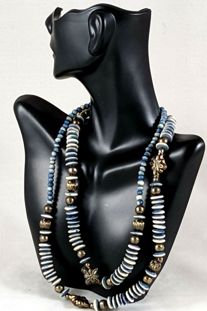 Vintage Boho Long Blue White w/ Silver Tone Necklace
