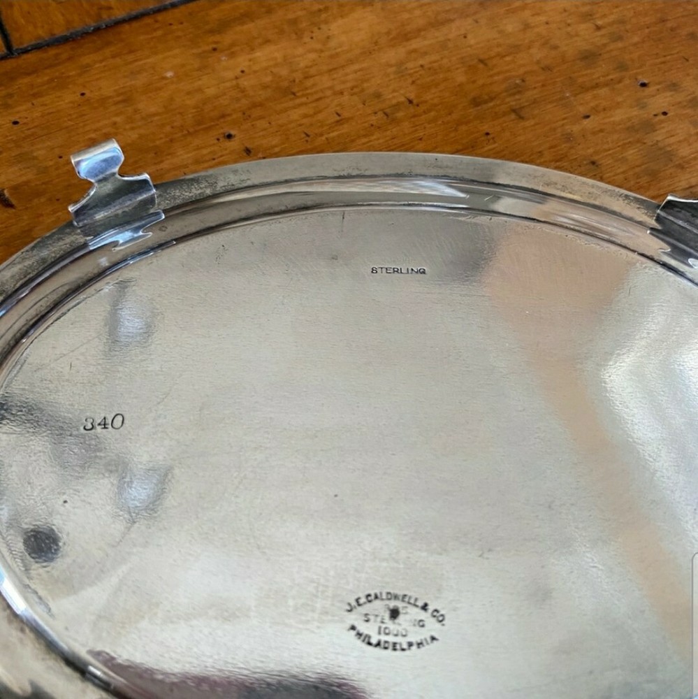 Antique Sterling Silver Footed Mini Tray w Beaded Edging & Engraved Monogram