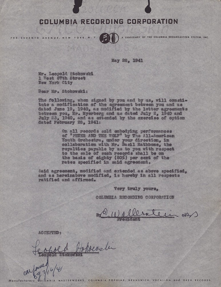LEOPOLD STOKOWSKI - CONTRACT SIGNED 05/28/1941