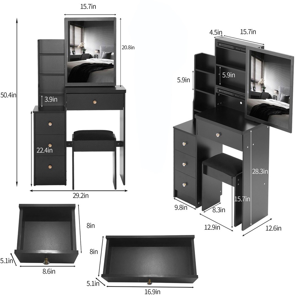 29.2" Small Space Left Bedside Cabinet Vanity Table + Cushioned Stool, Extra Lar