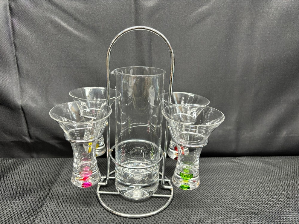 Circleware "BUBBLE" Barware ~ (4) Cordial Glasses w/ Pitcher and Rack
