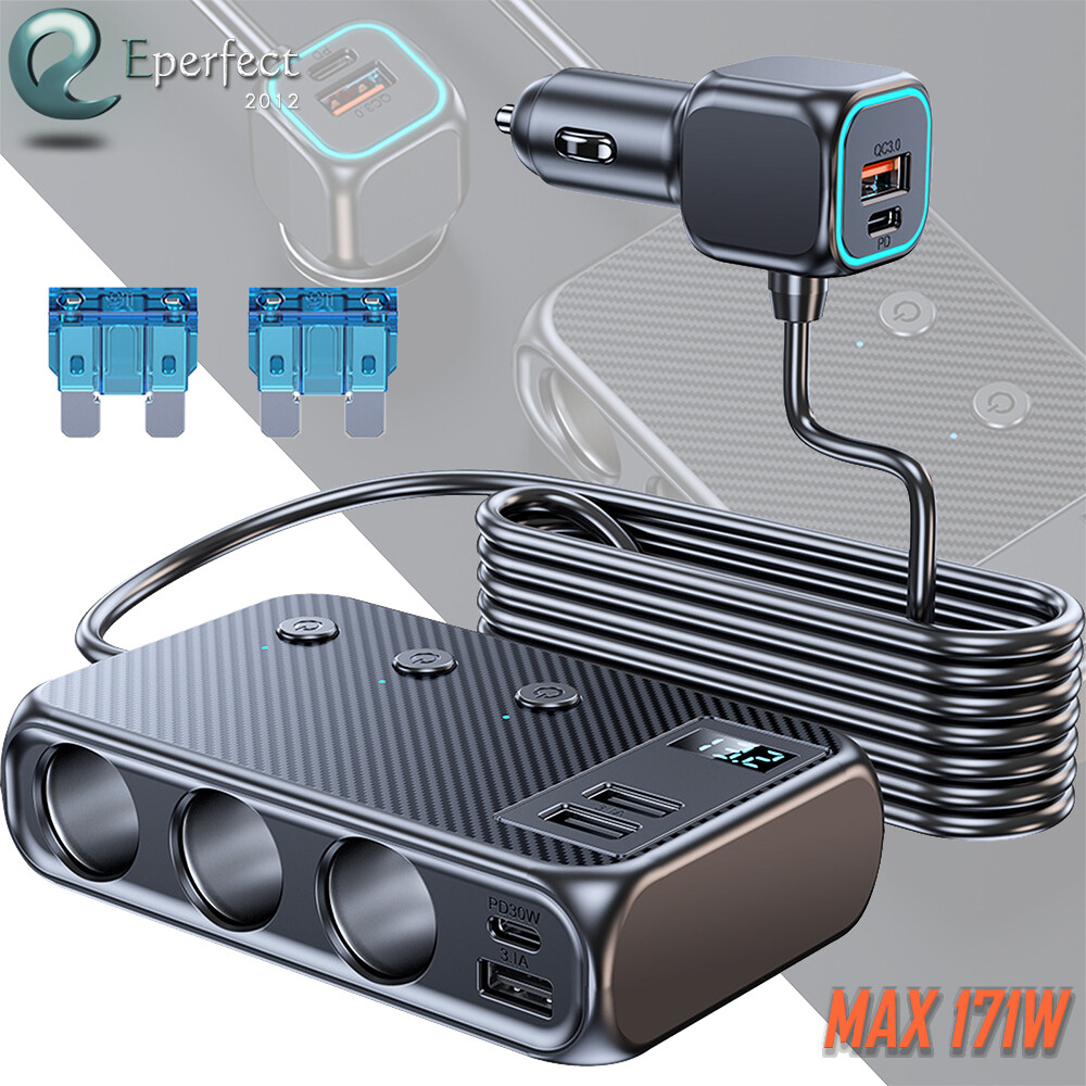 Multi Car Cigarette Lighter Socket Expander Splitter USB C Power Adapter Charger