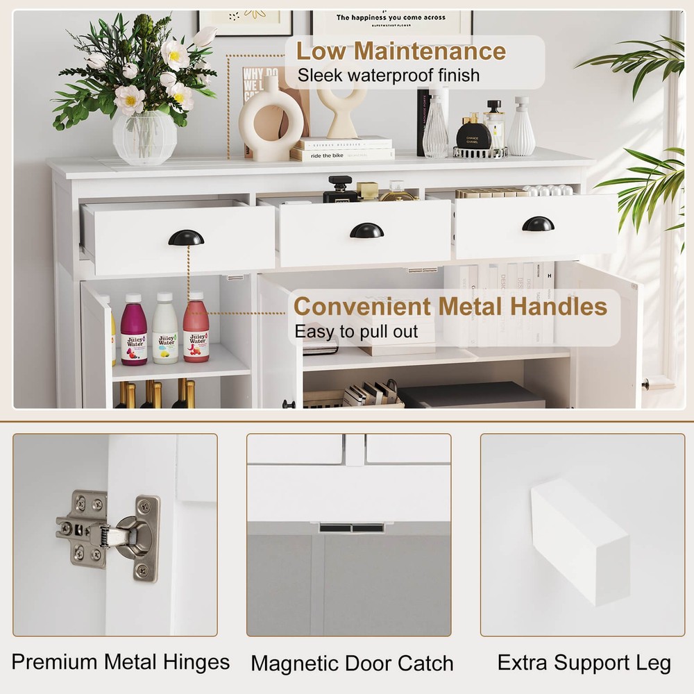 3 Drawers Sideboard Buffet Cabinet Console Table Kitchen Storage Cupboard White