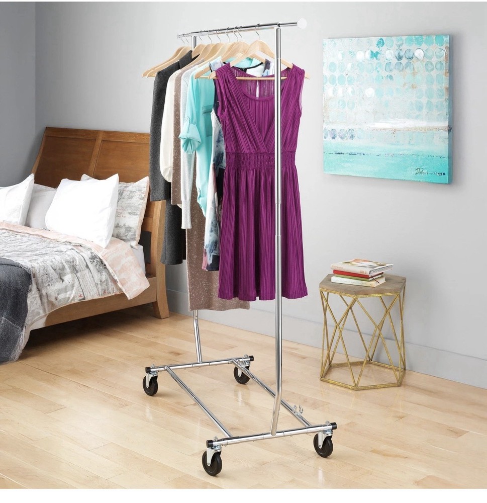 Whitmor Rolling Folding Garment Rack, Adjustable Width 51-74.5 in, Height 66-71