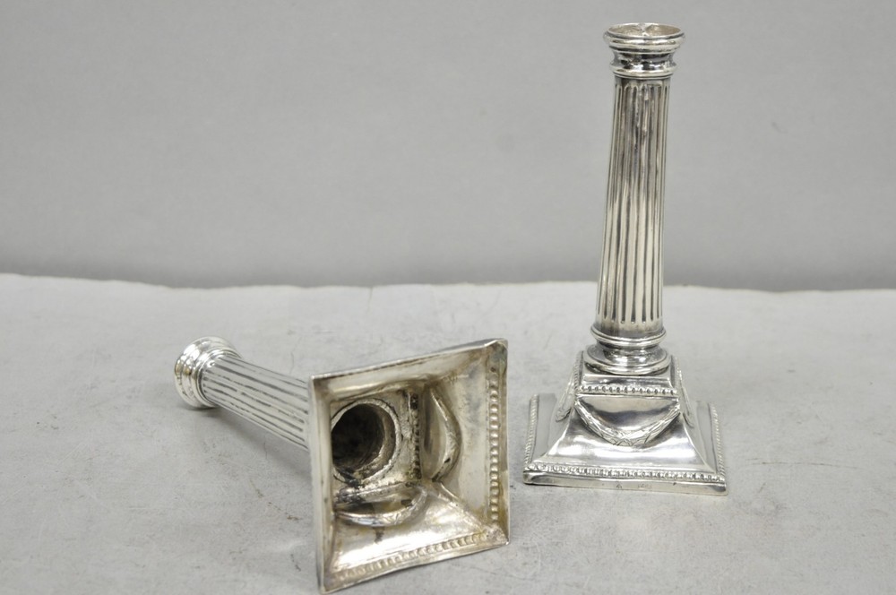 Vintage English Regency Silver Plated Classical Column Small Candlesticks - Pair