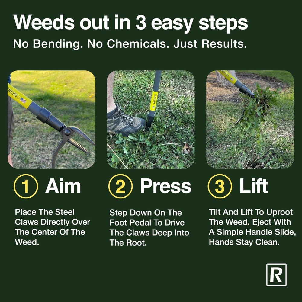 Stand Up Weed Puller Tool, 4-Claw Steel Head, 48" Metal Handle
