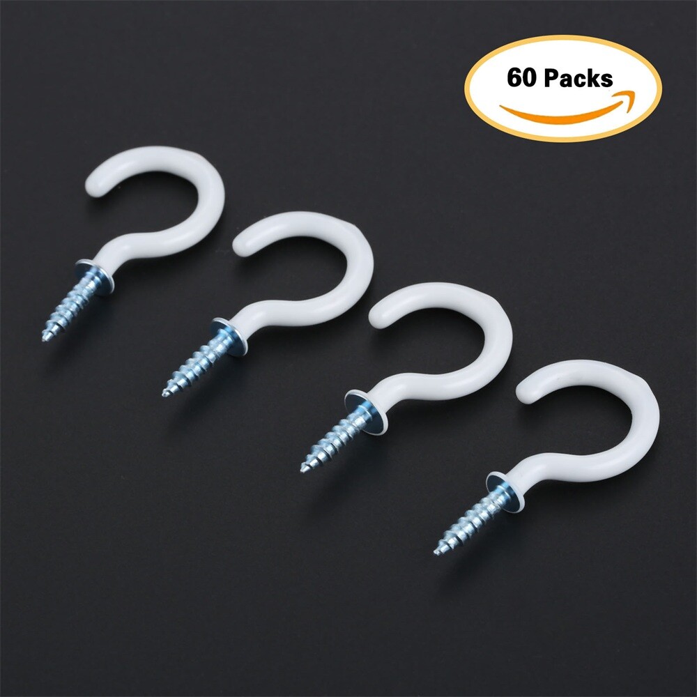 60Pcs 1.54" Strong Sharp White Vinyl Coated Ceiling Hooks Space-saving Hardware