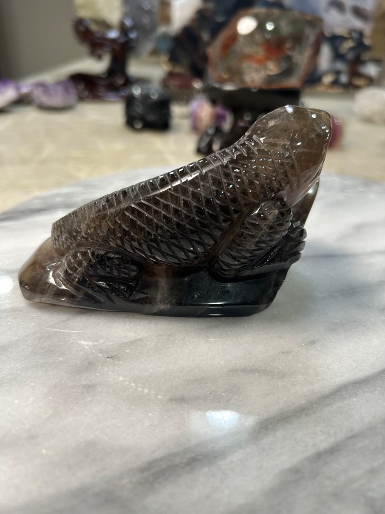 Smoky Quartz lizard carving