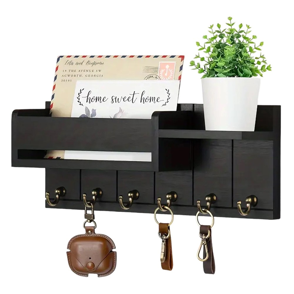 Wall-Mounted Key Holder & Mail Organizer with Hooks - Entryway Storage & Decor