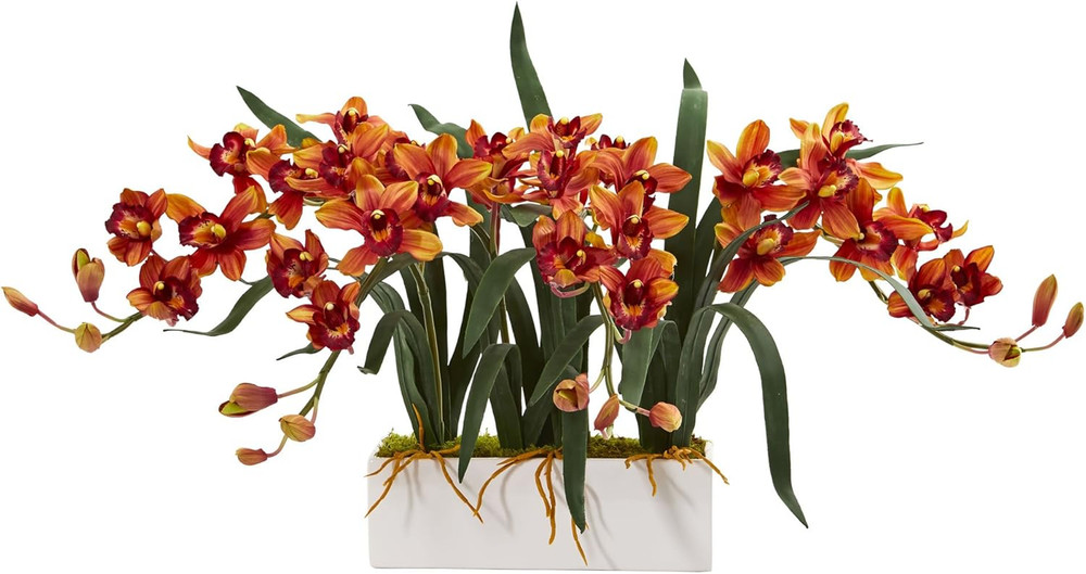 Cymbidium Artificial Arrangement in White Vase