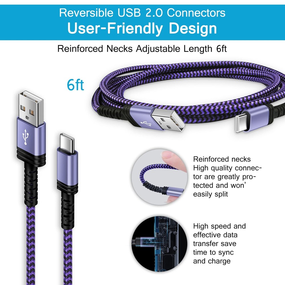 S23 USB Type C Cable Fast Charging Android 6ft C Cable, White+Purple+Blue