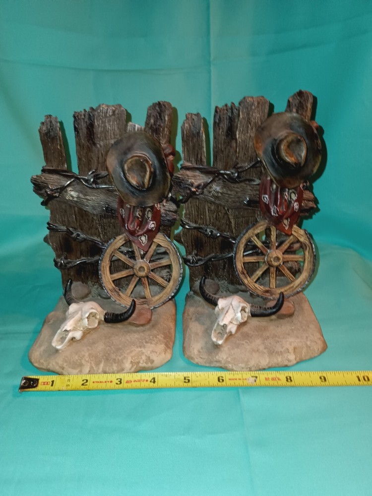 Western Bookends Wagon Wheel Hat Skull Cowboy
