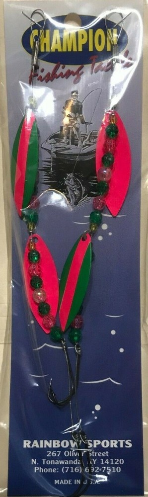 2 WIRE WORM HARNESS #4 Willow Leaf GREEN/PINK stripe 2 Blade 2 Hook