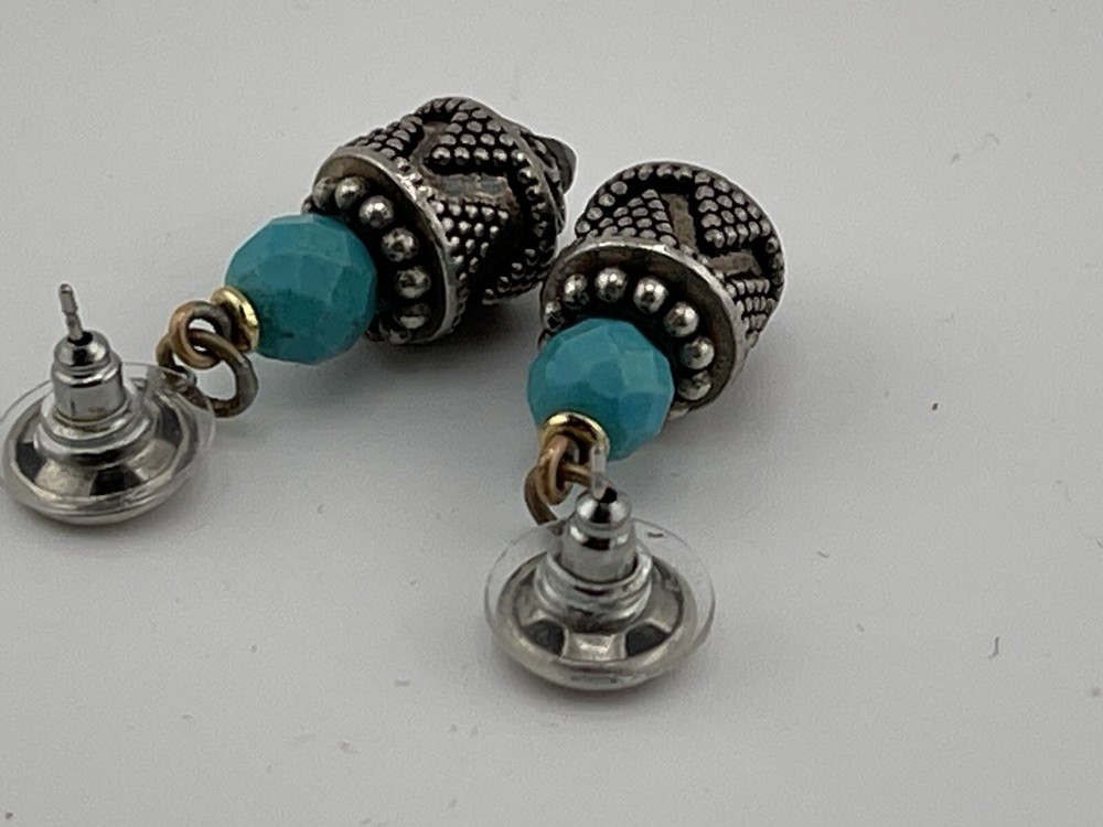 Marsha Archer 1 3/4” Dangle Turquoise & Silver Earrings Pierced Ears/Stud Back