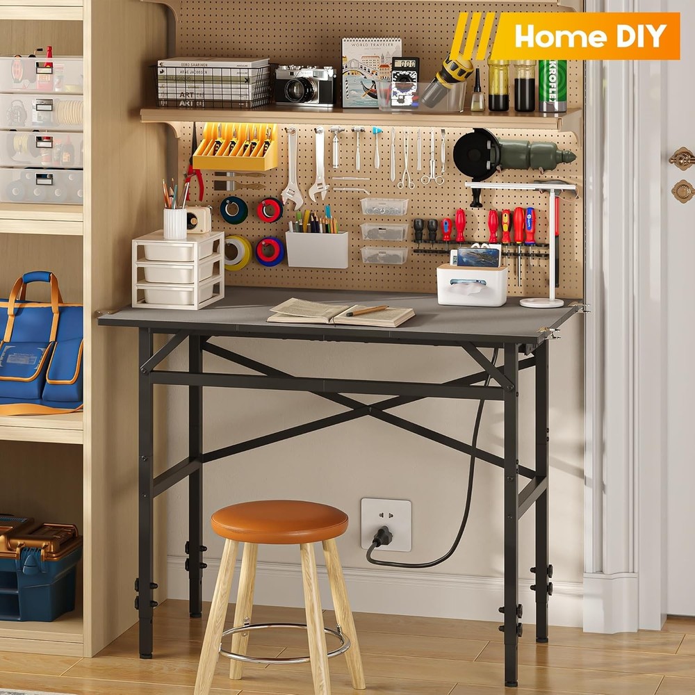 Small Adjustable Height Workbench，Iron Workbench W/ Power Strip 3 Outlets USB