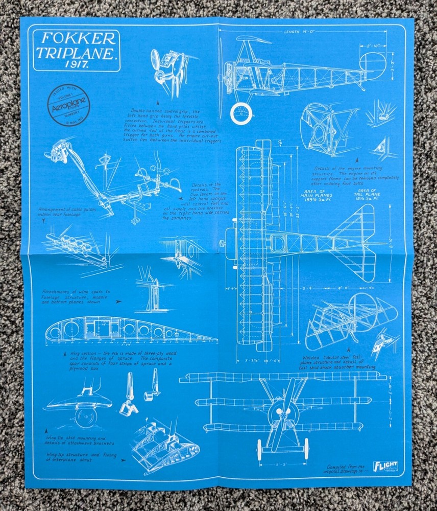 Fokker Triplane 1917   WW I  Fighter Data / Spec Sheet 1976