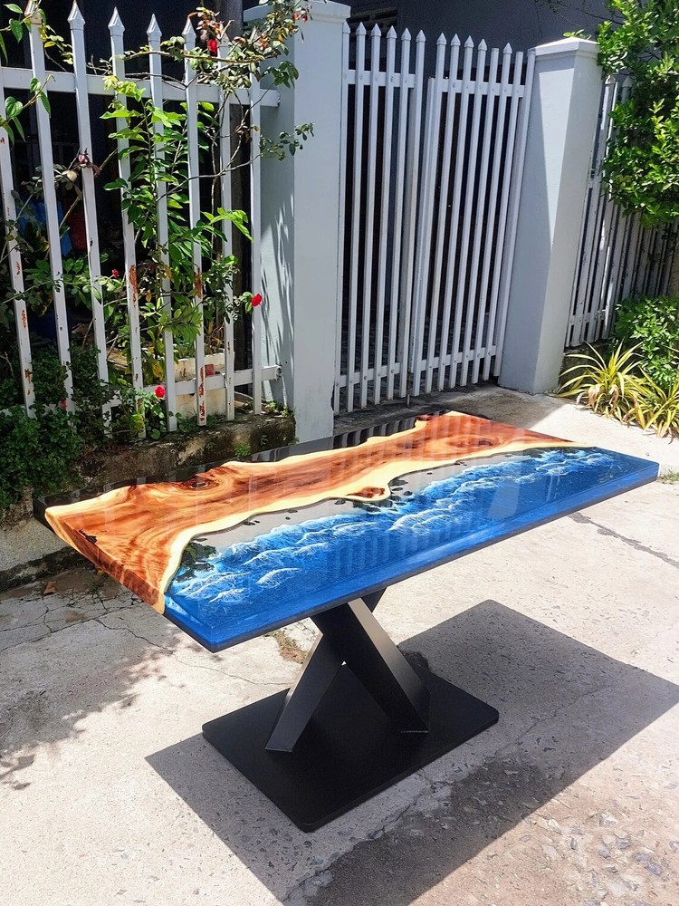 Personalized Unique Live Edge Resin Epoxy Table, Custom Blue Ocean Epoxy Resin