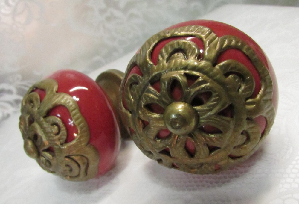 Set of 2 Large RED Round CERAMIC KNOBS with Brass Flower Decorative Drawer Pulls