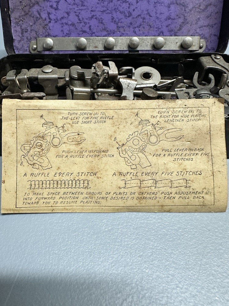 Vintage Greist Sewing Attachment Set Metal Box Assorted Attachments/Tools