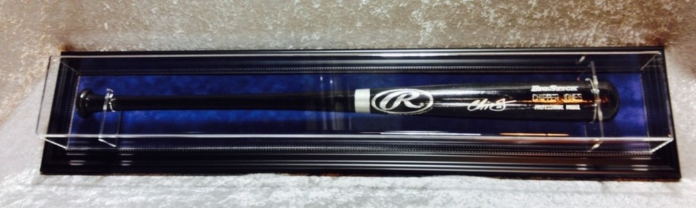 Premium Wall Mount Baseball Bat Display Case,Black frame with blue background