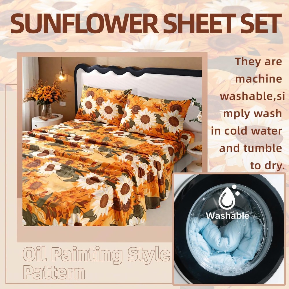 4Pcs Floral Full Size Bed Sheets,Microfiber Floral Bedding Sheet Sets,Boho Ye...