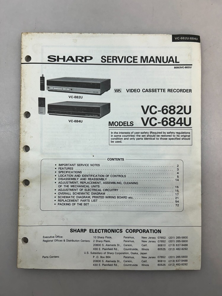 Sharp VC-682U 684U Original Technical Manual Free Shipping