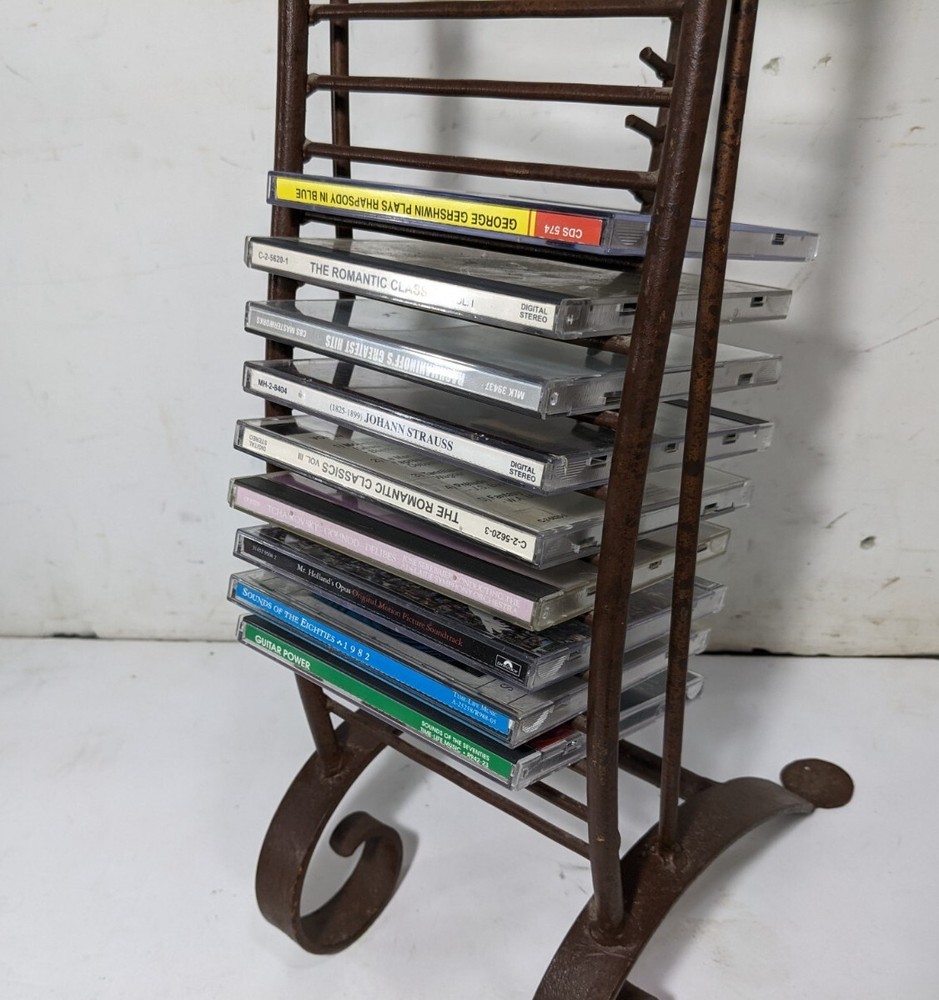 Vintage Rustic Wrought Iron Sculptural CD Storage Display Rack Stand Handle