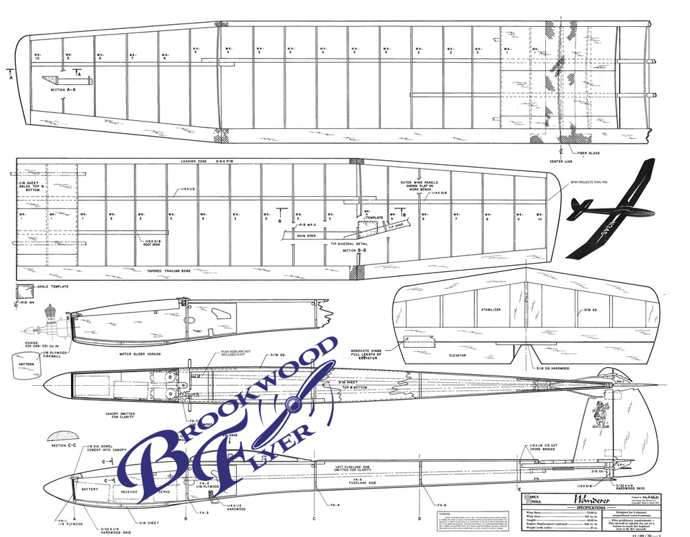 WANDERER PLAN + CONSTRUCTION & POWER POD ARTICLES for 72" RC Model Sailplane