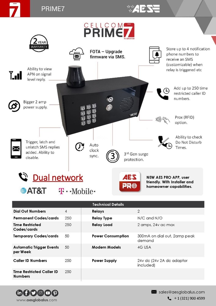 AES PRIME7-PED-KP-US Single Button Prox Global Cellular Wi-Fi Intercom Keypad