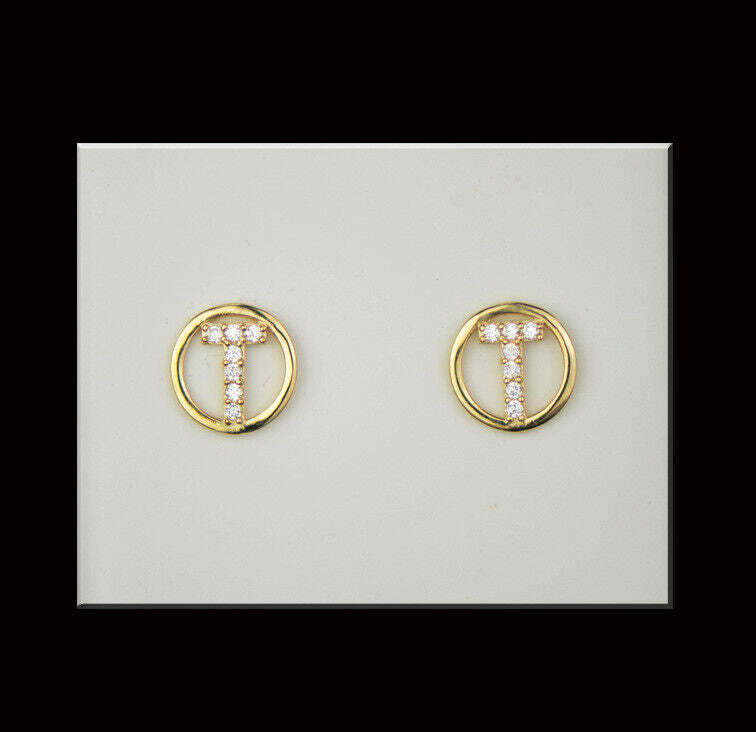 14k Yellow or White Gold Round Initial Letters CZ Stud Earrings