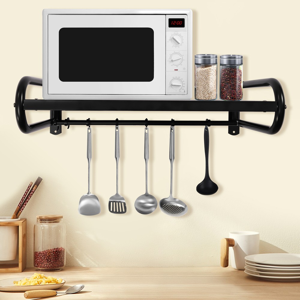 Kitchen Pan Pot Rack Wall Mounted Hanging Storage Organizer Shelf With 6 Hooks